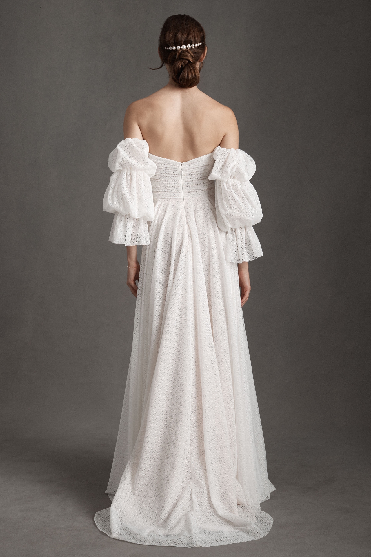 Willowby by Watters Cameron Tiered-Sleeve Off-Shoulder Mesh Column Wedding Gown