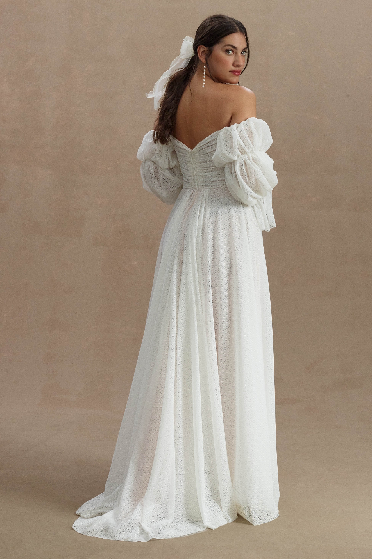 Willowby by Watters Cameron Tiered-Sleeve Off-Shoulder Mesh Column Wedding Gown