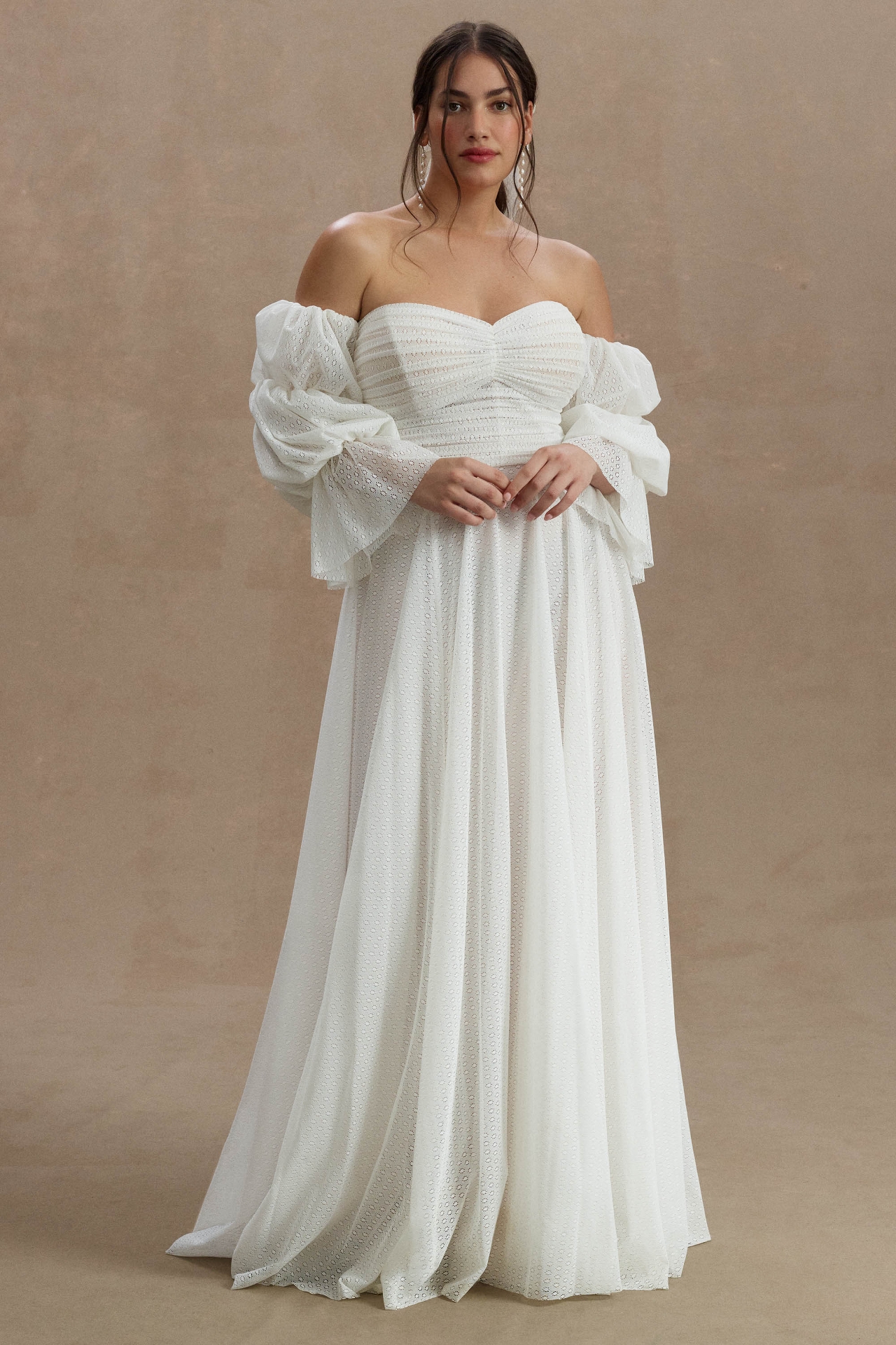 Willowby by Watters Cameron Tiered-Sleeve Off-Shoulder Mesh Column Wedding Gown