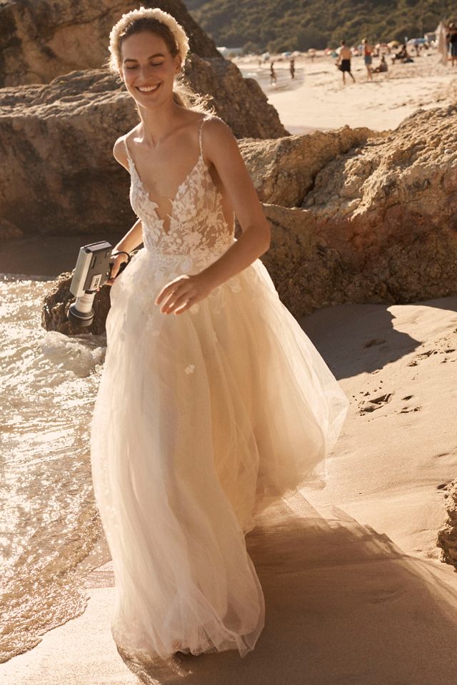Willowby by Watters Whitney V-Neck Lace Applique Tulle A-Line Wedding Gown  | Anthropologie