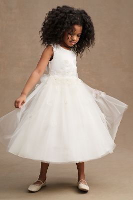 Little Girl's White Satin and White Floral Lace Flower Girl Dress