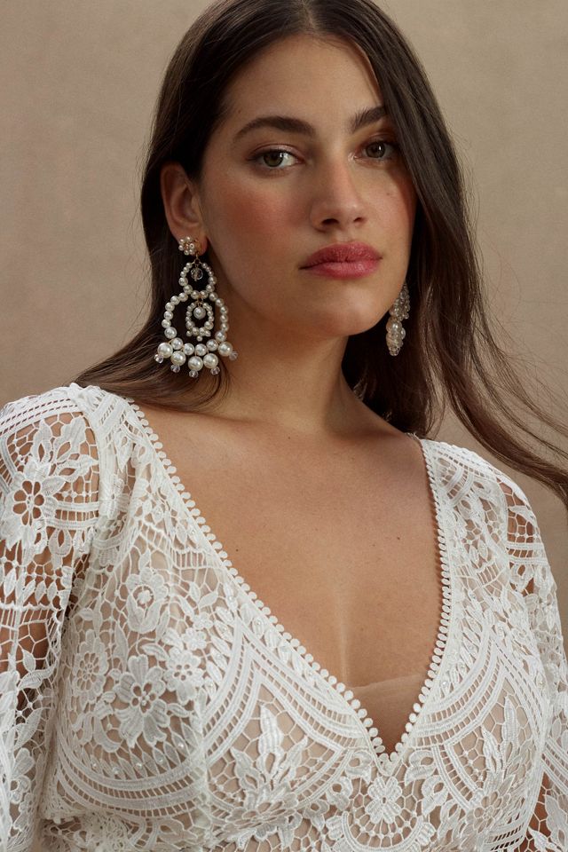 Rish Haleh Flutter-Sleeve Allover Lace V-Neck Fit & Flare Wedding Gown #6