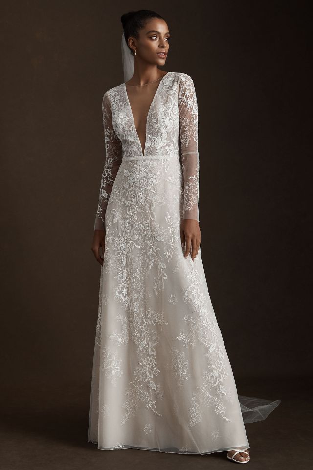 Riki Dalal Joan Illusion V-Neck Long-Sleeve Lace Wedding Gown with