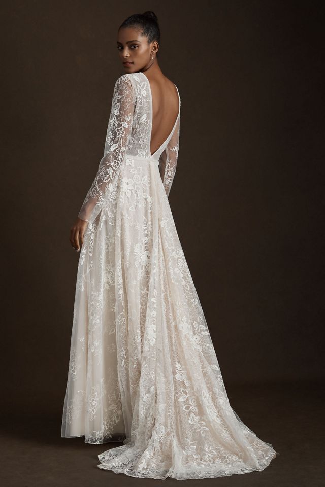 Riki Dalal Joan Illusion V-Neck Long-Sleeve Lace Wedding Gown with  Swarovski Crystal Belt | Anthropologie