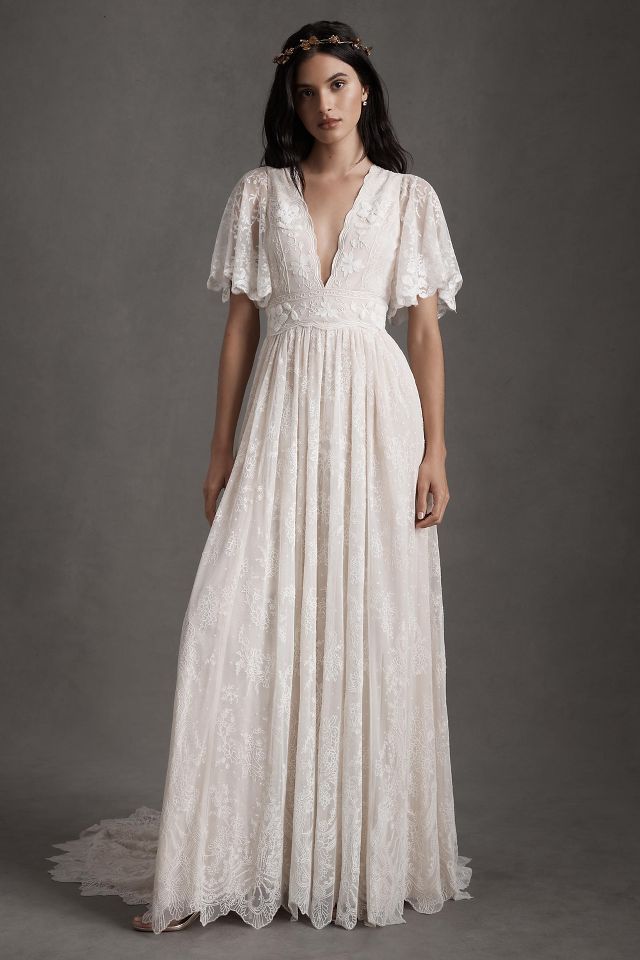 BHLDN Katarina Butterfly-Sleeve V-Neck Empire Embroidered Wedding Gown |  Anthropologie