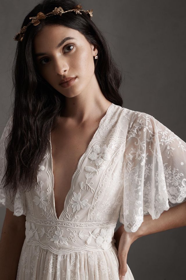 BHLDN Katarina Butterfly Sleeve V Neck Empire Embroidered Wedding Gown