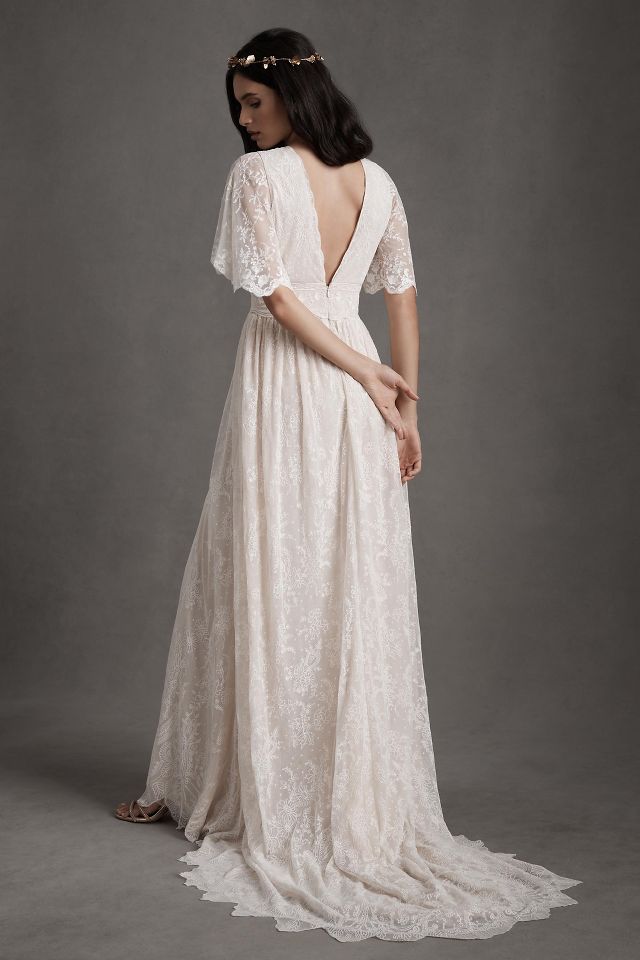 BHLDN Katarina Butterfly Sleeve V Neck Empire Embroidered Wedding Gown