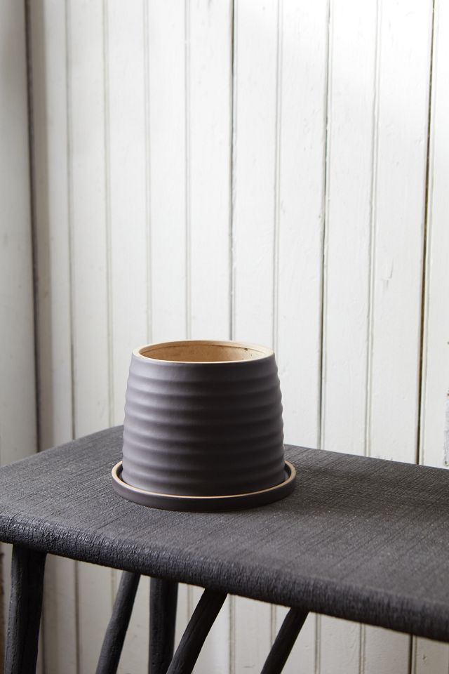 Horiztonal Ridge Ceramic Pot + Saucer Set, 8" #1