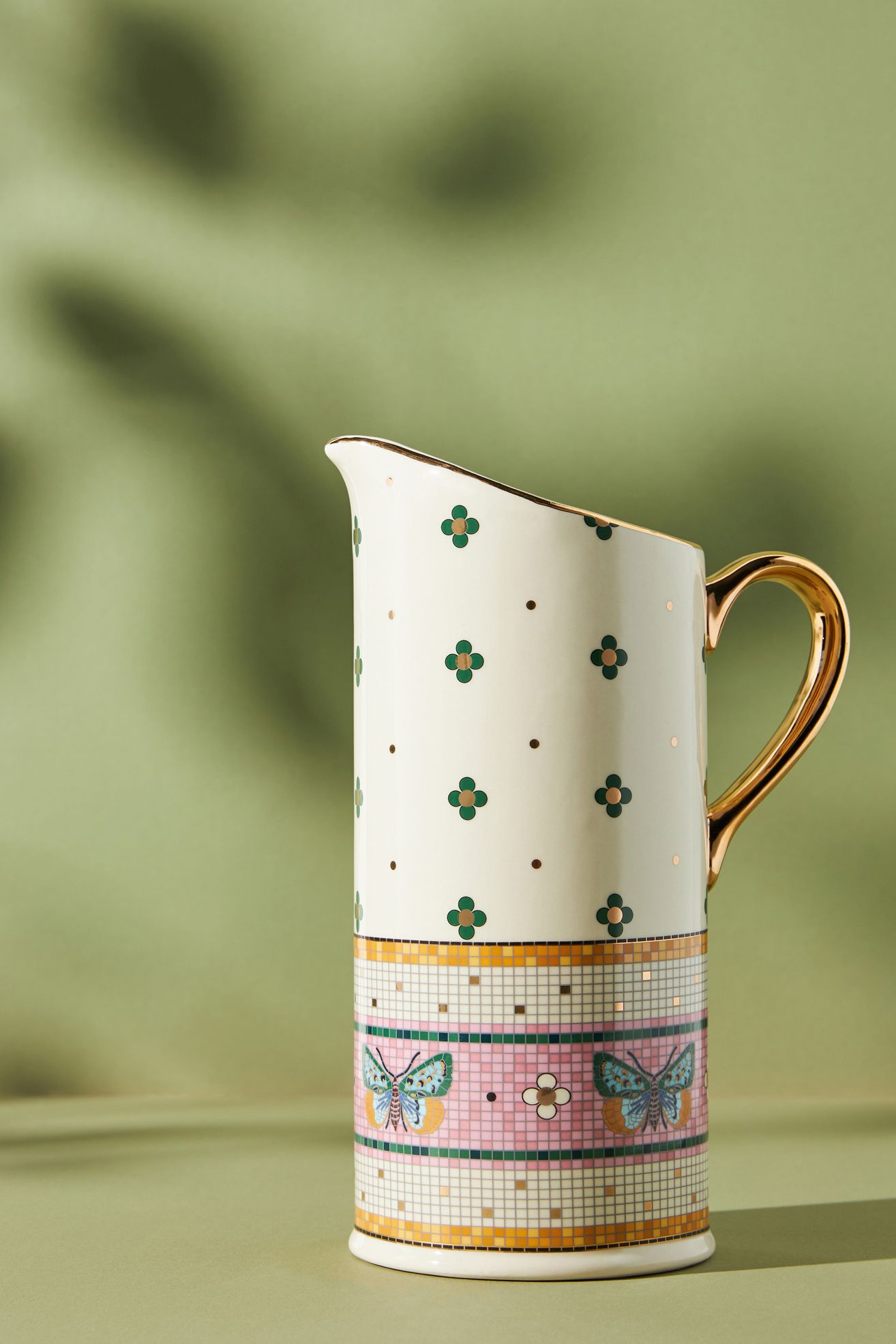 Bistro Tile Stoneware 24k Gold Accent Pitcher: Garden Edition - Butterfly, One Size