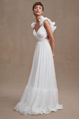 Anthropologie ★ Mac Duggal Organza Pleated Tiered Gown Mac Duggal Organza One-Shoulder Pleated Tiered Gown
