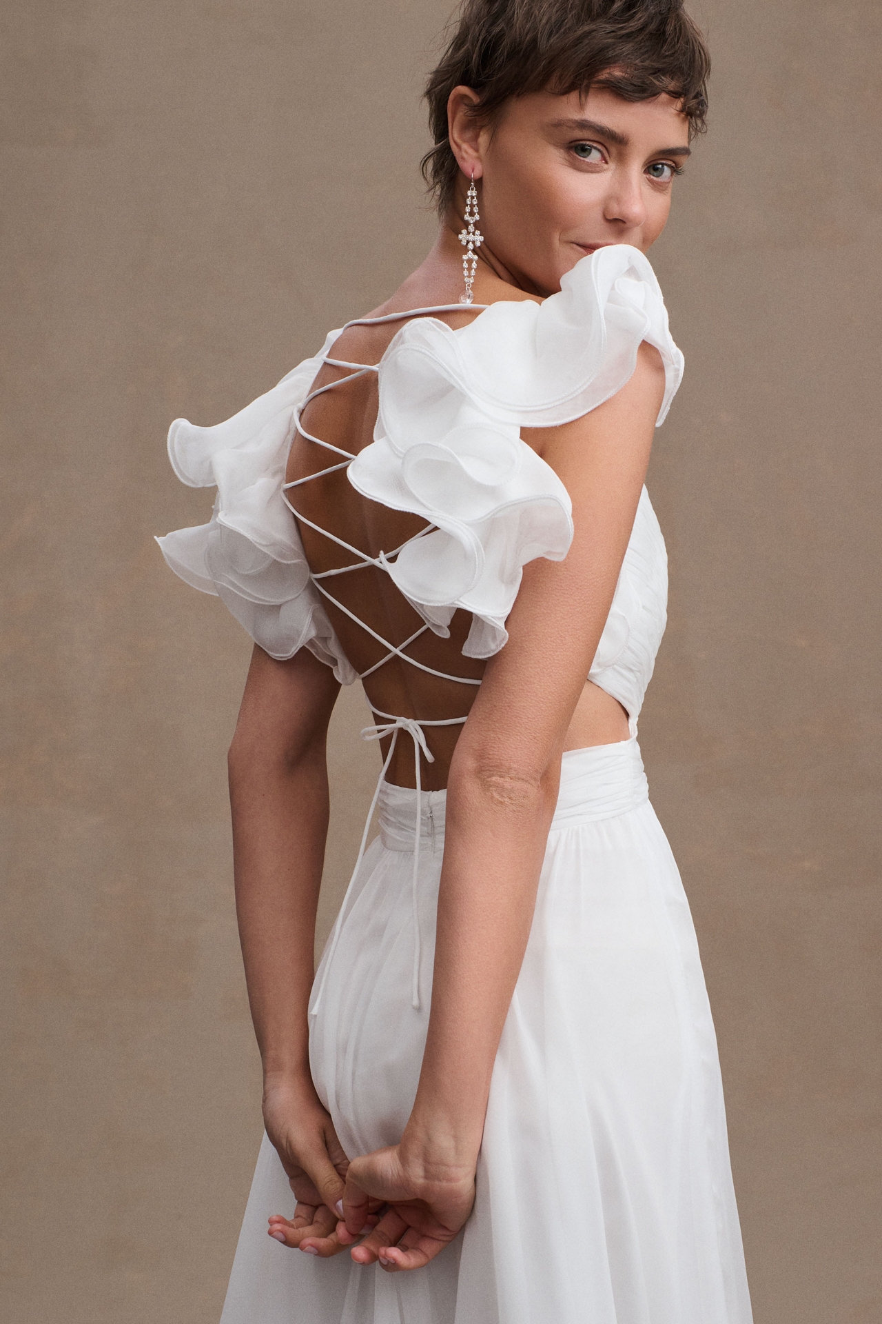 Mac Duggal Indy A-Line Ruffled Back-Lace Chiffon Gown