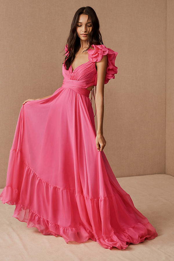 Mac Duggal Indy A-line Ruffled Back-lace Chiffon Gown In Pink