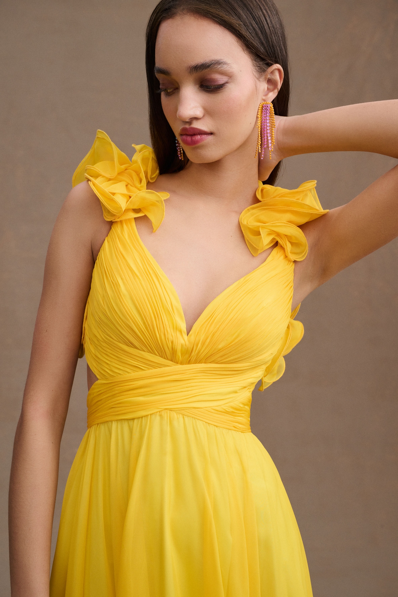 Mac Duggal Indy A-Line Ruffled Back-Lace Chiffon Gown