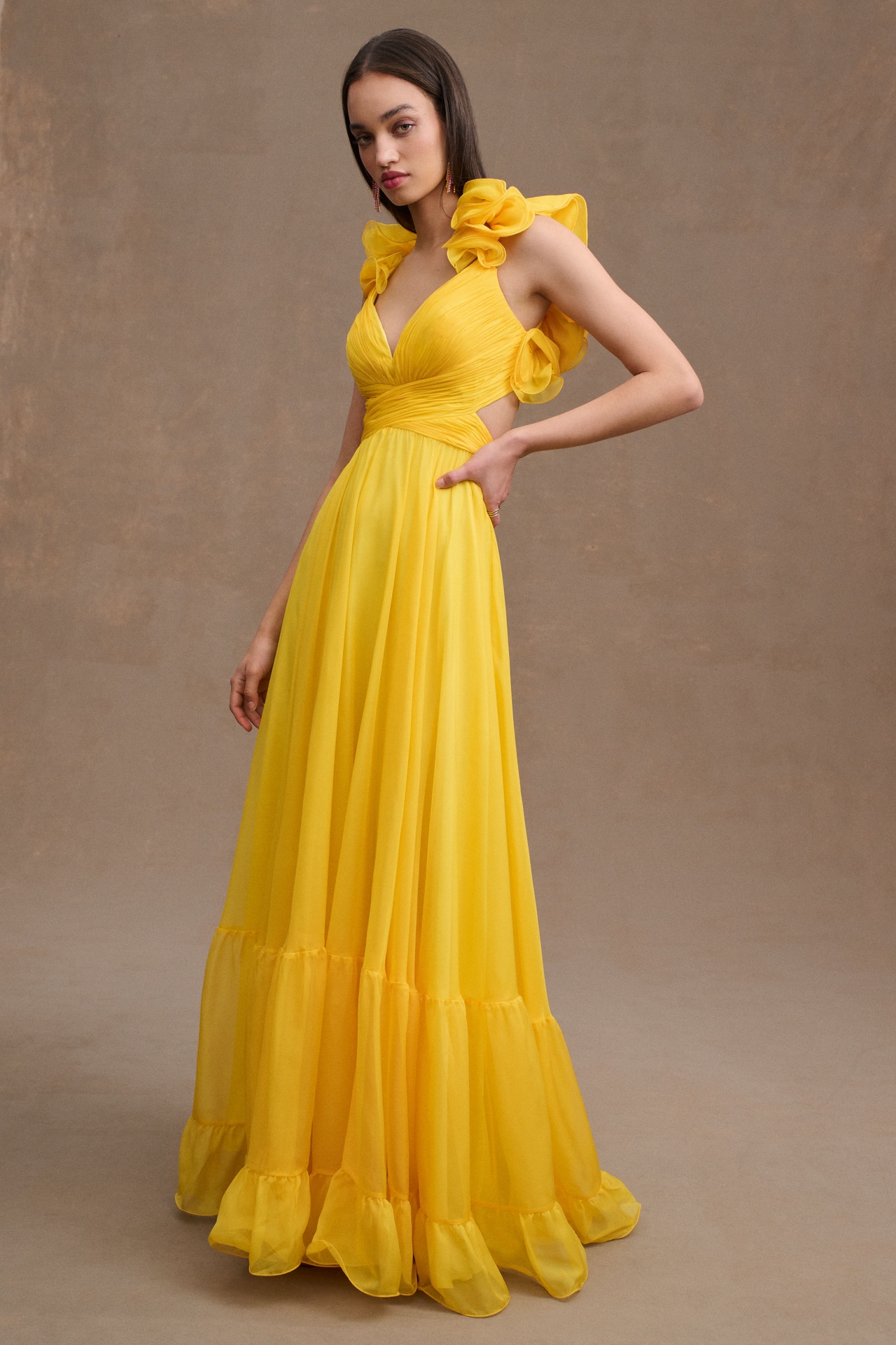 Mac Duggal Indy A-Line Ruffled Back-Lace Chiffon Gown