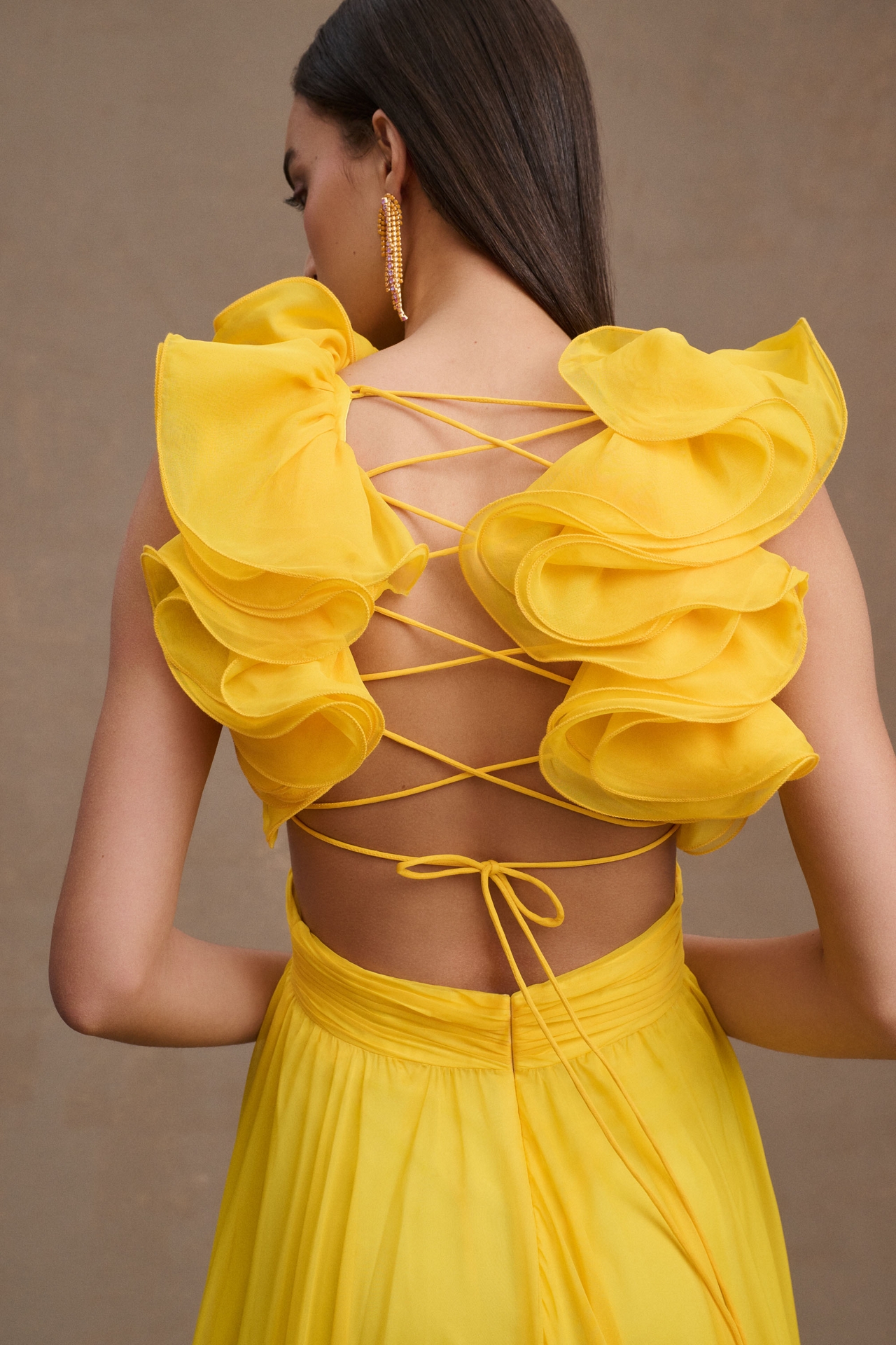 Mac Duggal Indy A-Line Ruffled Back-Lace Chiffon Gown