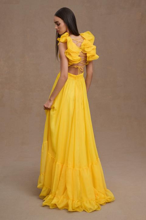 Mac Duggal Indy A-Line Ruffled Back-Lace Chiffon Gown