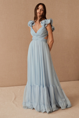 Mac Duggal Rosette Chiffon Cutout Empire Waist Gown In Blue