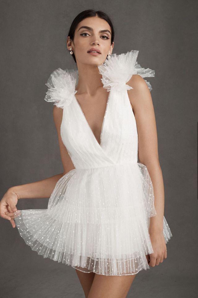 ML Monique Lhuillier Perrie Tiered Shoulder-Ruffle V-Neck Mini Dress #2