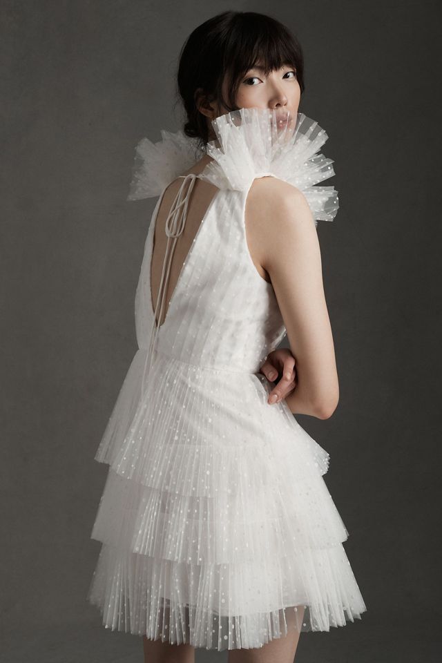 ML Monique Lhuillier Perrie Tiered Shoulder-Ruffle V-Neck Mini Dress #7