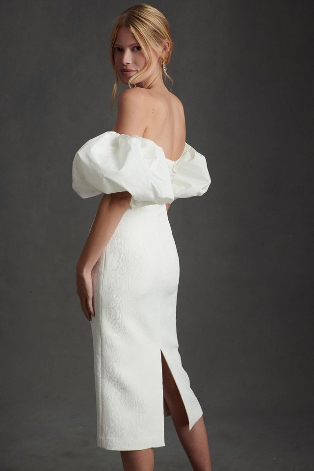 cinq a sept off the shoulder dress Holly Puff Sleeve Satin Dress In Black