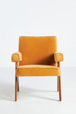 Anthropologie Velvet Ashton Upholstered Teak Accent Chair In Yellow