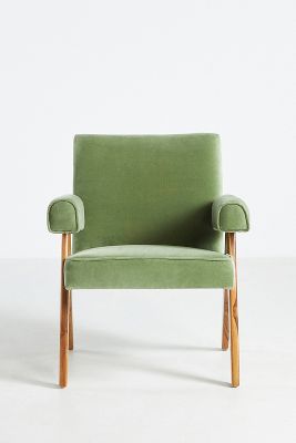 Anthropologie Velvet Ashton Upholstered Teak Accent Chair In Green