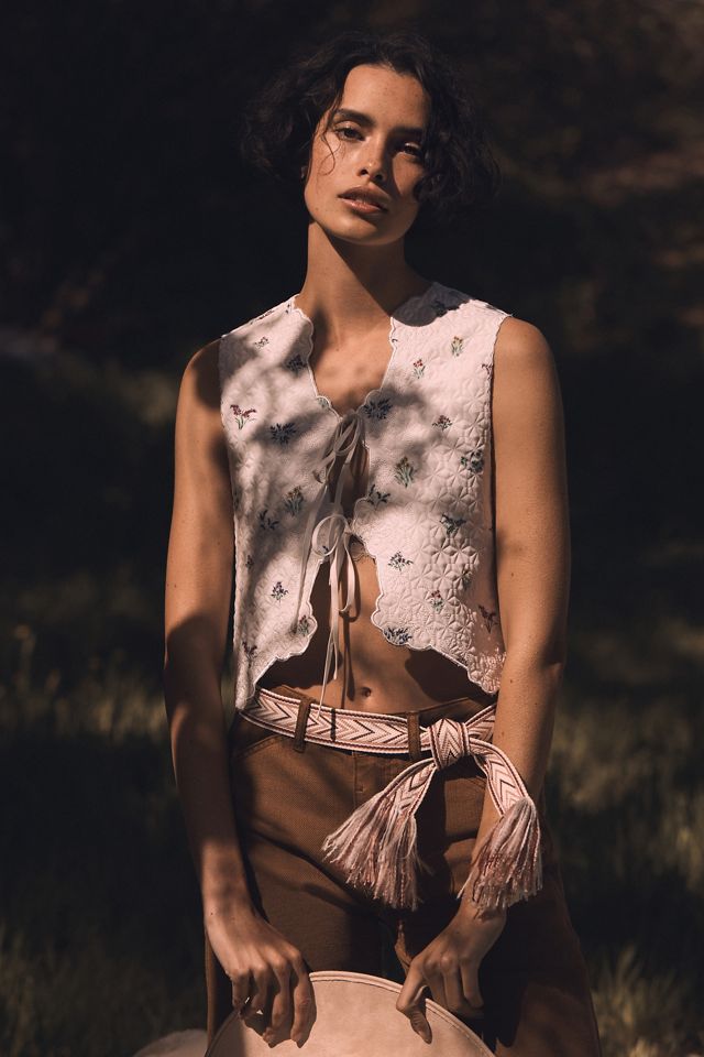 ANTHROPOLOGIE Woven Fringe Tie Belt Gold and cream woven wrap sash belt for women, teen or tween  main image 3