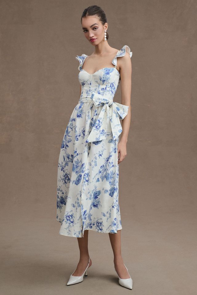 V. Chapman Vera Ruffle-Strap Corset Side-Slit Midi Dress #1