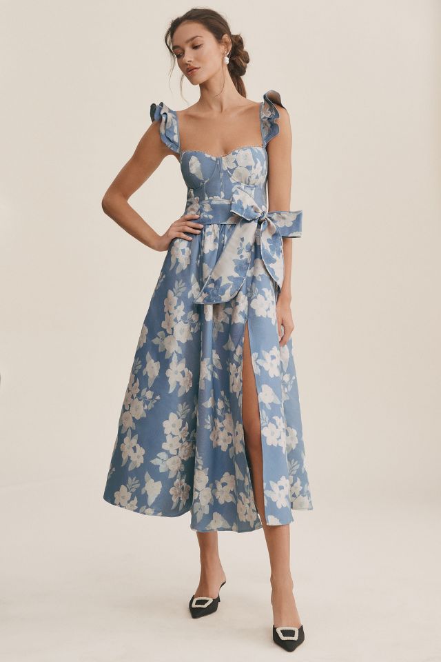 Floral Bustier A Line Midi Dress Blue - Luxe Floral Dresses and