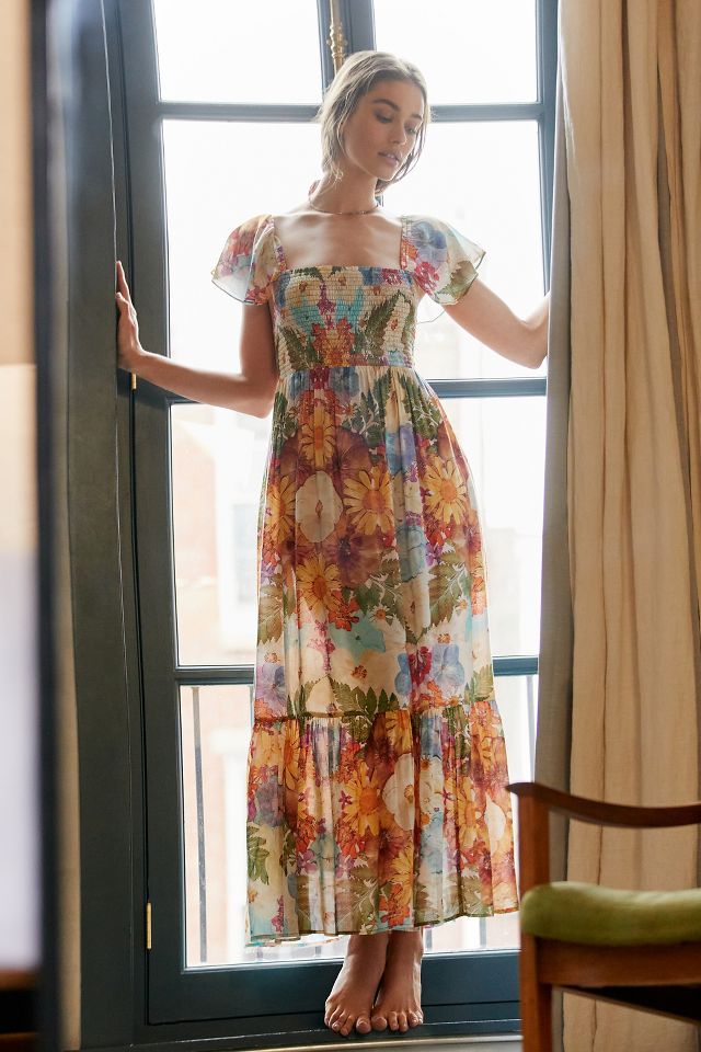 NWT Anthropologie DRA Los Angeles Floral Smocked Maxi sold Dress Small