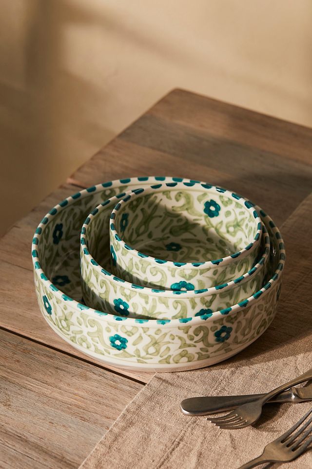 Flower + Vine Ceramic Serving Bowl, Green #1