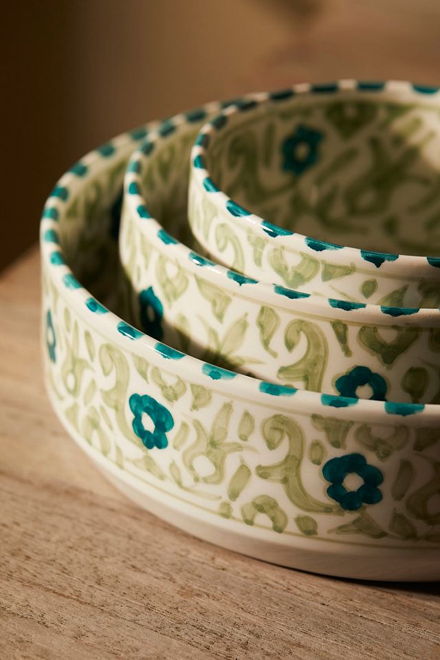 Flower + Vine Ceramic Serving Bowl, Green #2