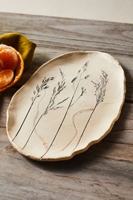 Embossed Botanical Ceramic Plate, Oval