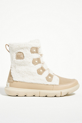 Sorel Explorer Ii Joan Cozy Faux Shearling And Suede Ankle Boots In Beige