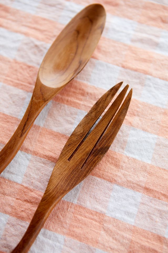Wavy Teak Serving Fork + Knife #1