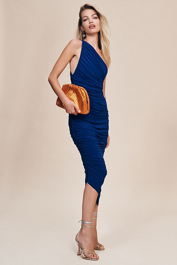 Norma Kamali Diana One-shoulder Ruched Midi Dress In Blue