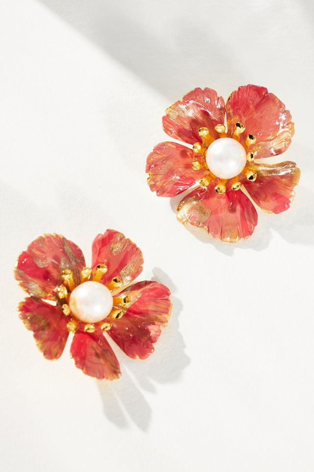 The Pink Reef Hand-Painted Pearl & Flower Earrings #1