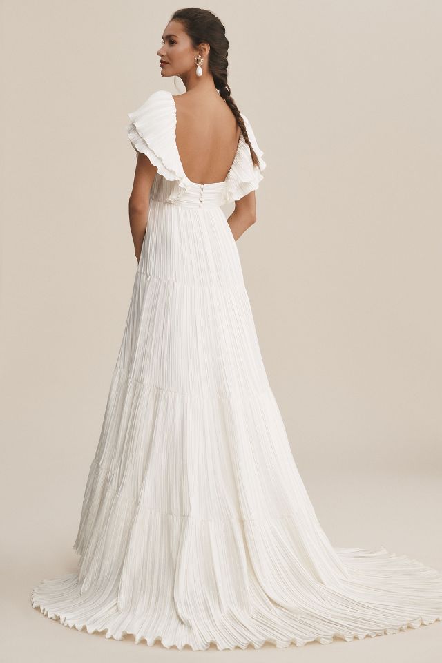 BHLDN Valerie Flutter-Sleeve Pleated Satin Wedding Gown