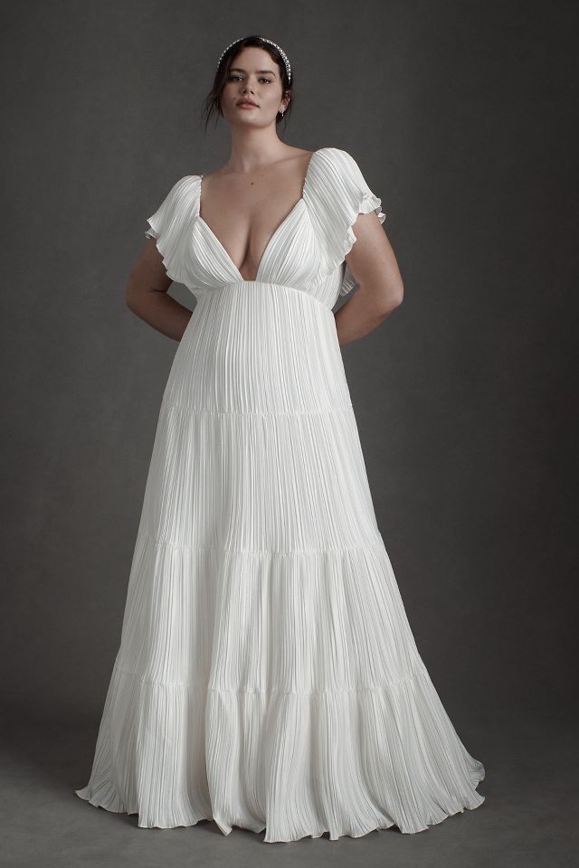 BHLDN Valerie Flutter-Sleeve Pleated Satin Wedding Gown