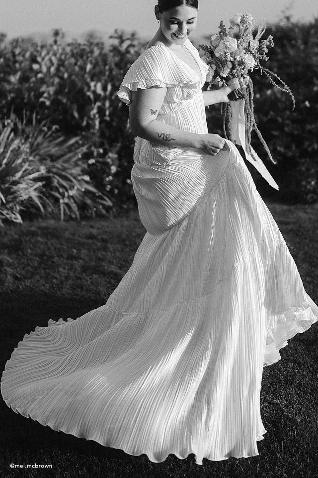BHLDN Valerie Flutter-Sleeve Pleated Satin Wedding Gown