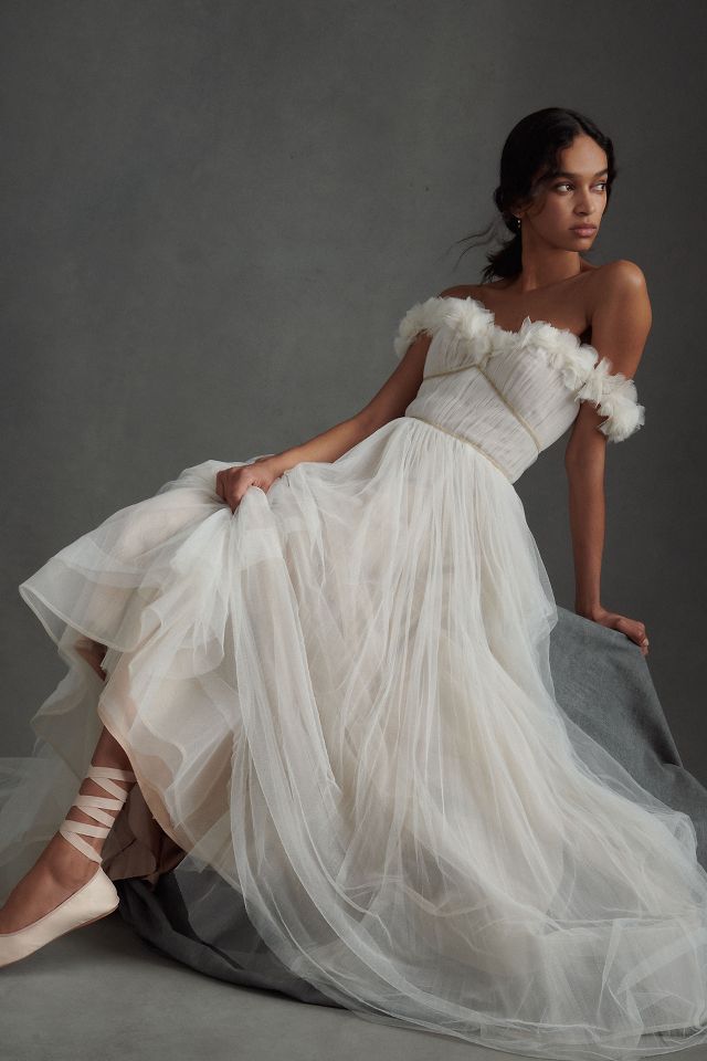 Watters Corrine Ruffled Off-Shoulder Tulle A-Line Wedding Gown ...