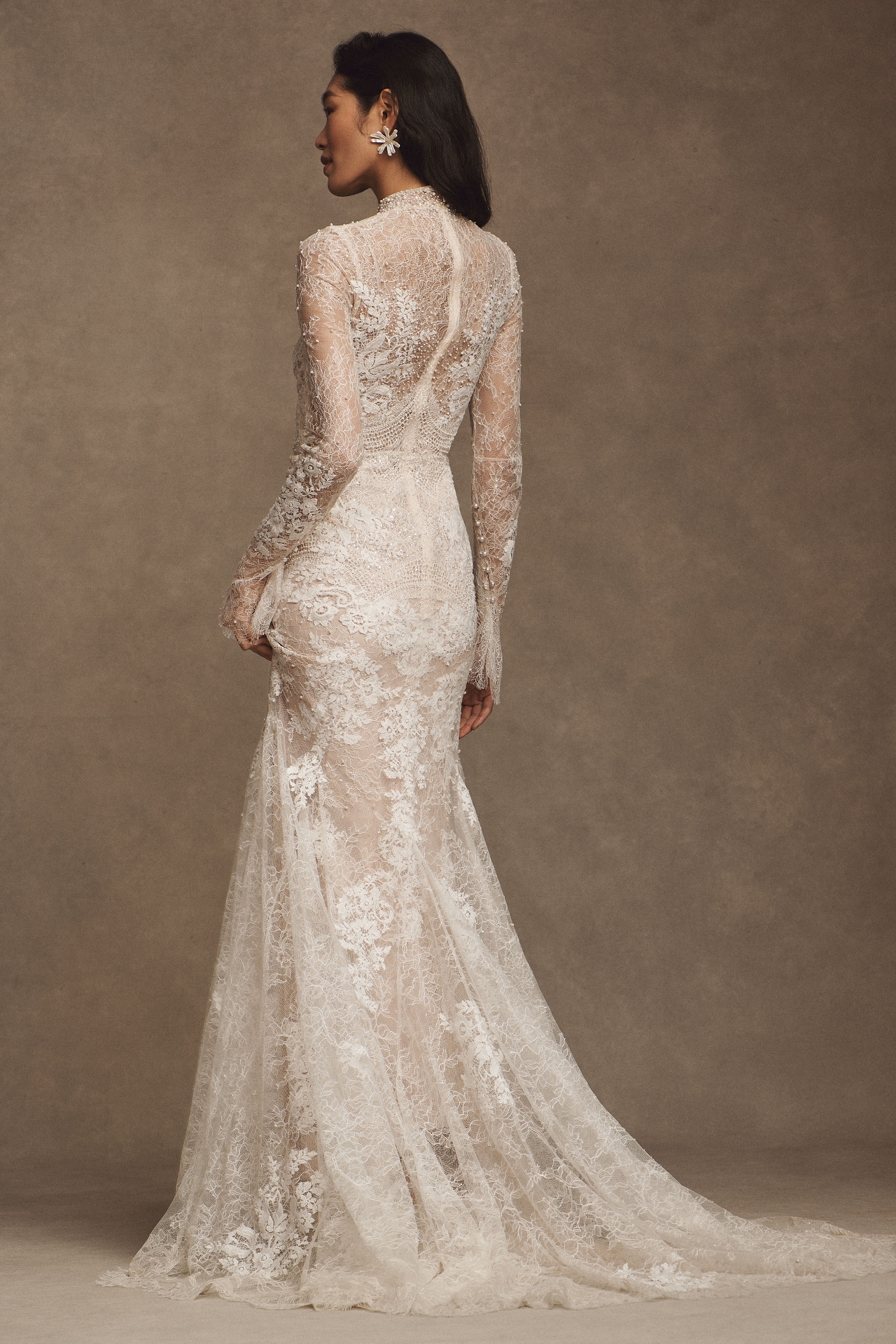 Watters Frances High-Neck Lace Sheath Wedding Gown