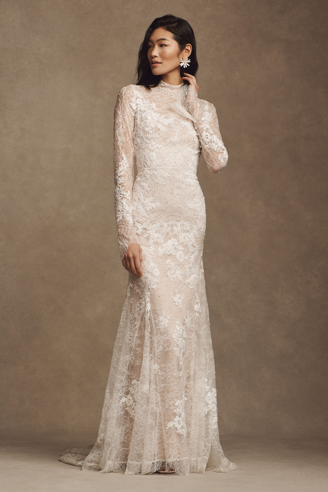 Watters Frances High-Neck Lace Sheath Wedding Gown