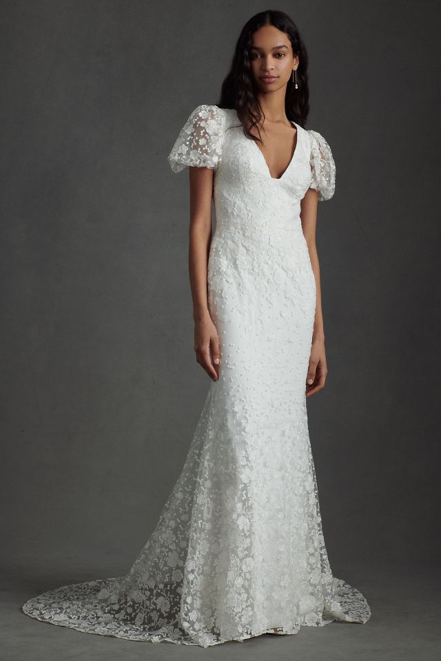 Willowby by Watters Coco V-Neck Puff-Sleeve Floral Lace Wedding Gown |  Anthropologie