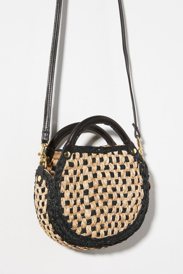 Clare V Lil Bebe Round Woven Black Natural Basket Crossbody Bag