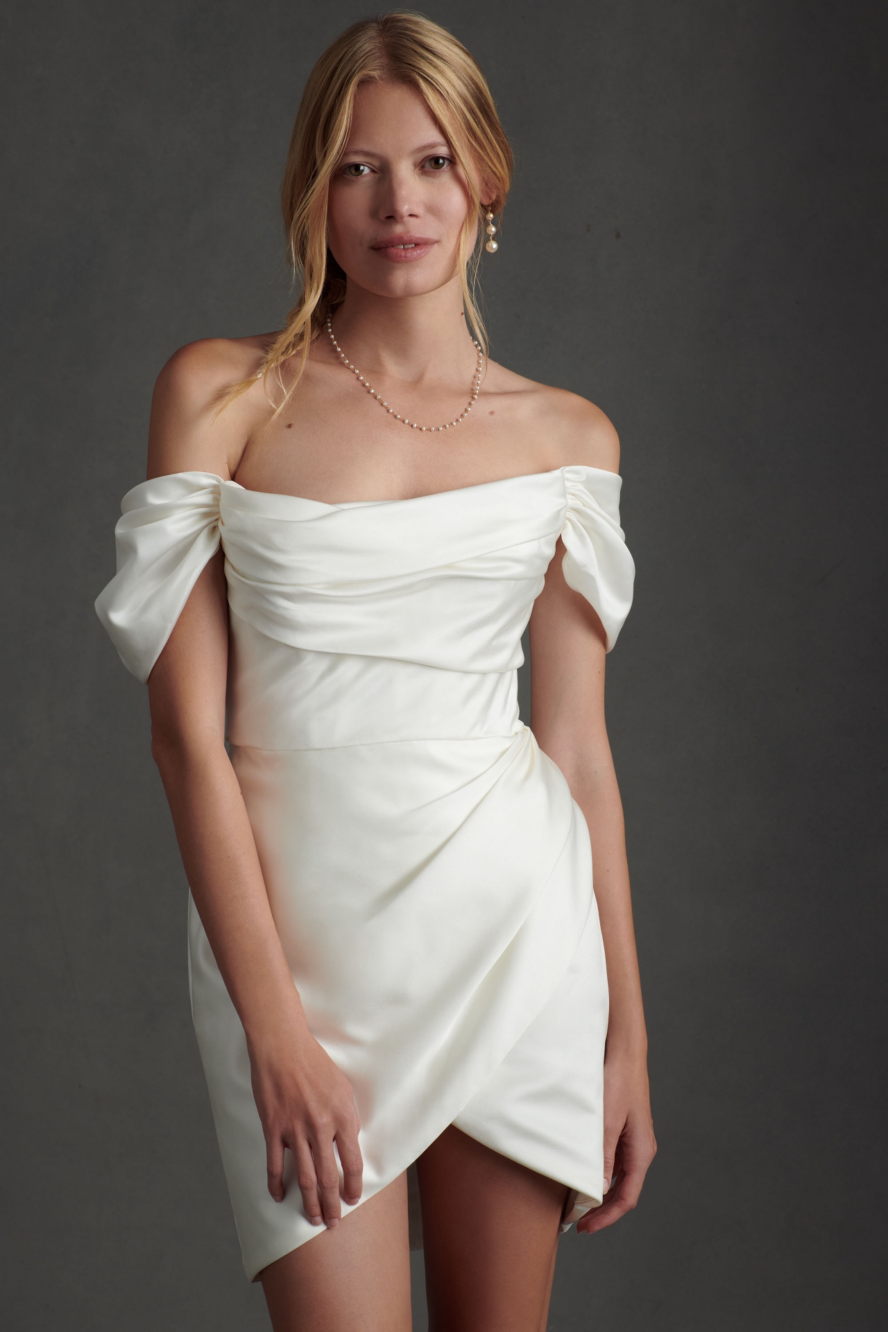 Watters Marlina Off-The-Shoulder Convertible Mini Wedding Dress