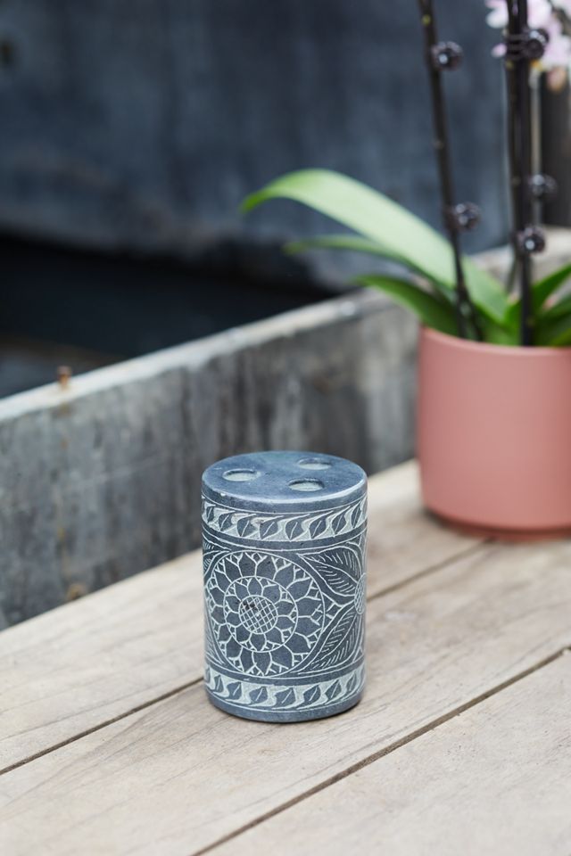 Floral Etched Soapstone Toothbrush Holder