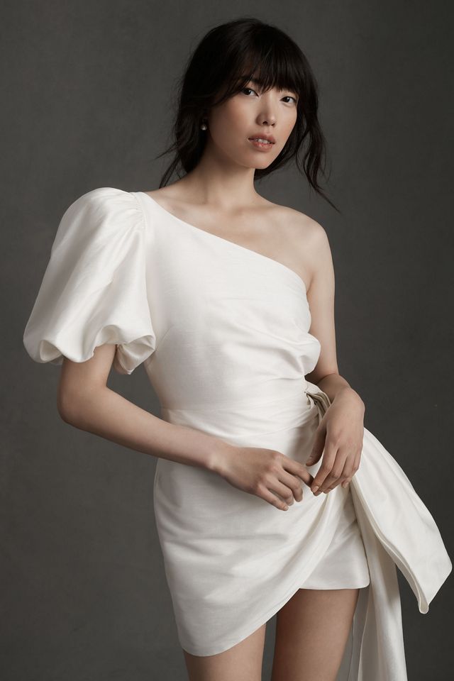Sachin & Babi Dorien Puffed One-Shoulder Bow Train Wrap Mini Dress #1