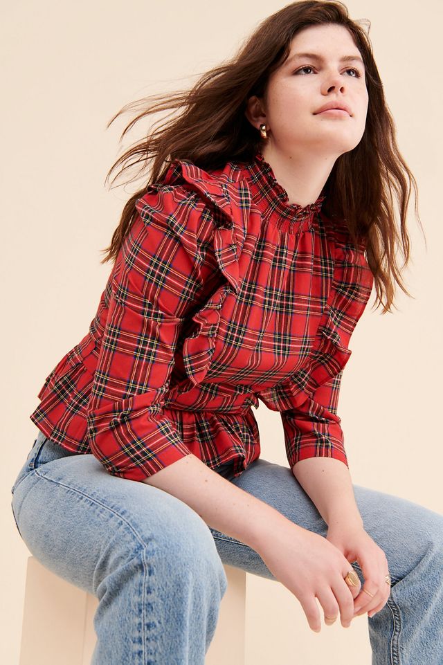 Tartan Plaid Ruffle Peplum Blouse