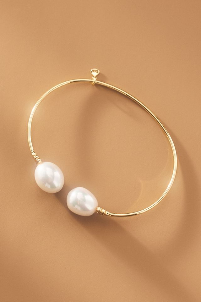 Gold Double Pearl Delicate Cuff Bracelet